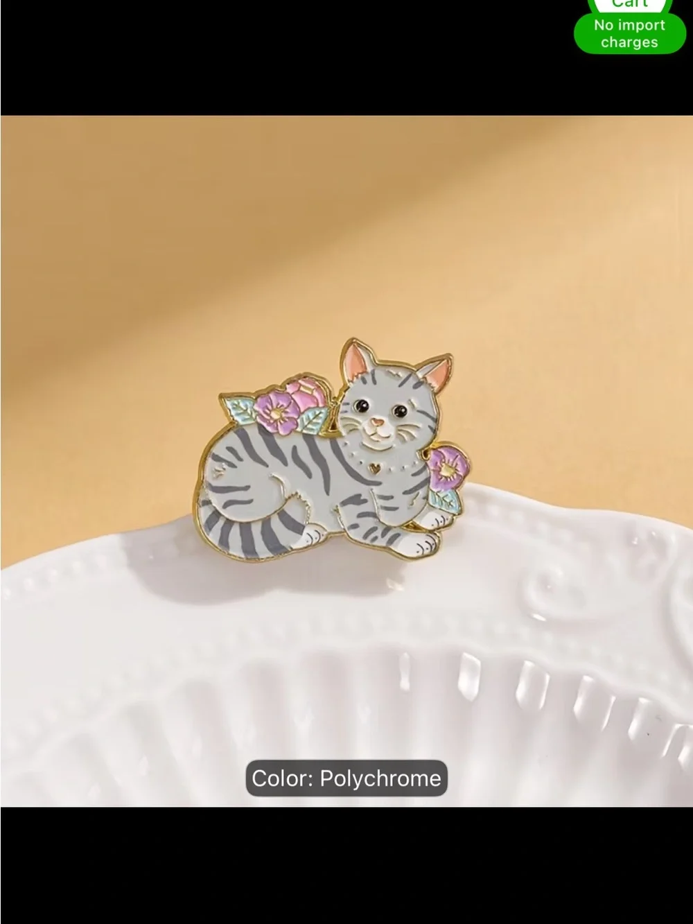Polychrome Cat Enamel Pin - Cute Gray Tabby with Pink Flowers